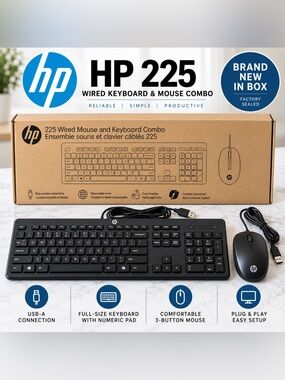 HP 225 Wired Keyboard & Mouse Combo Black USB Plug & Play New